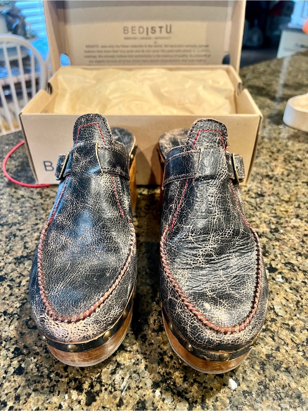 BED|STU Black Distressed Leather Clog Mules with Wood Platform and Buckle - Picture 2 of 5
